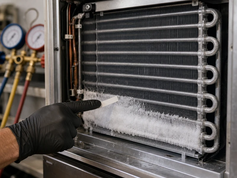Partial frost pattern on a Sub-Zero evaporator coil indicating a refrigerant leak, marked for the owner during diagnosis