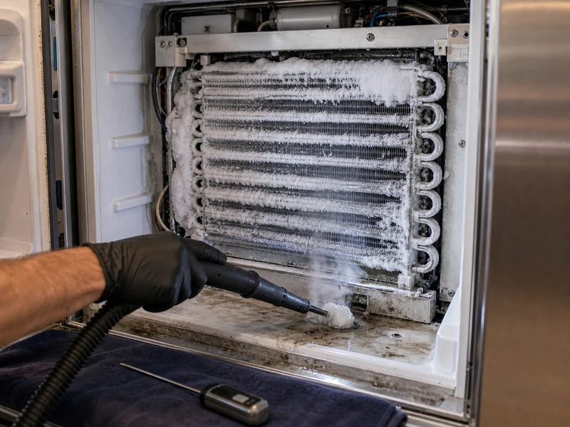 Iced-over evaporator coil and defrost drain inside a Sub-Zero freezer compartment in a Granada kitchen