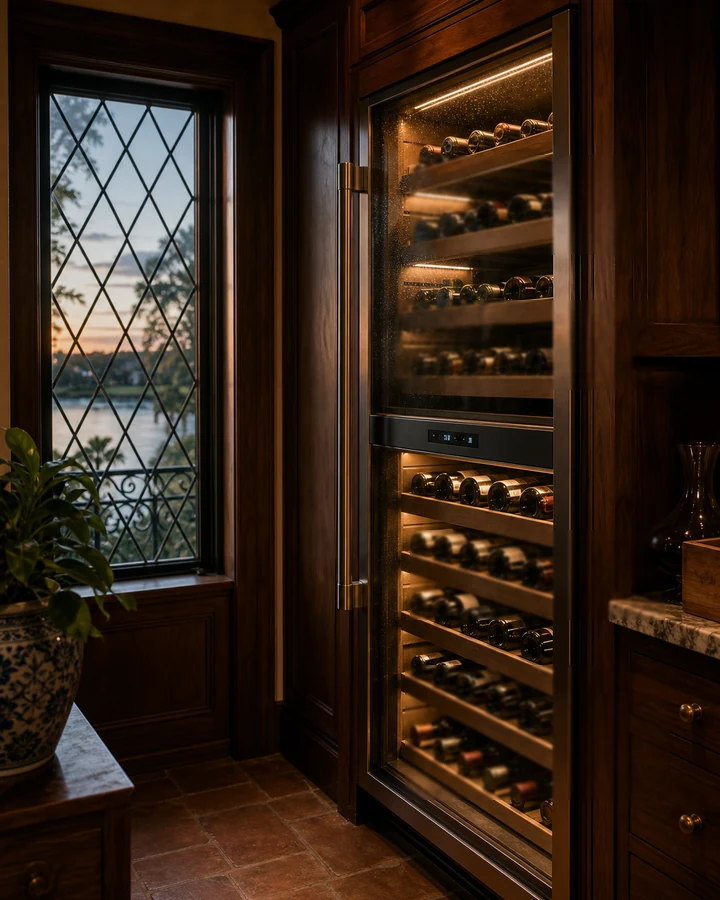Climate-controlled wine room with a Sub-Zero 427 cabinet in a riverfront San Marco estate