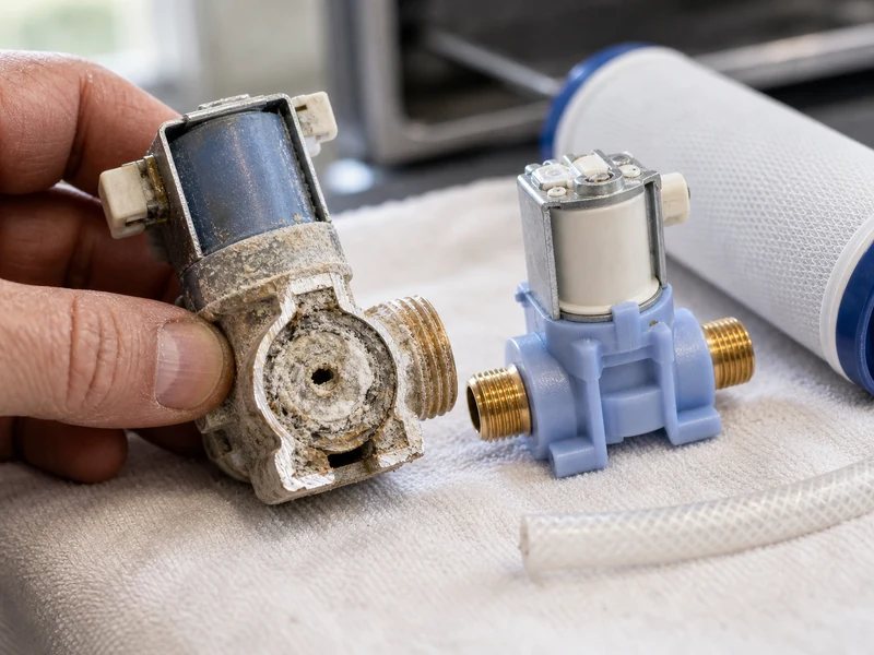 Cross-section of a Sub-Zero water inlet valve narrowed by limestone scale from Jacksonville JEA water