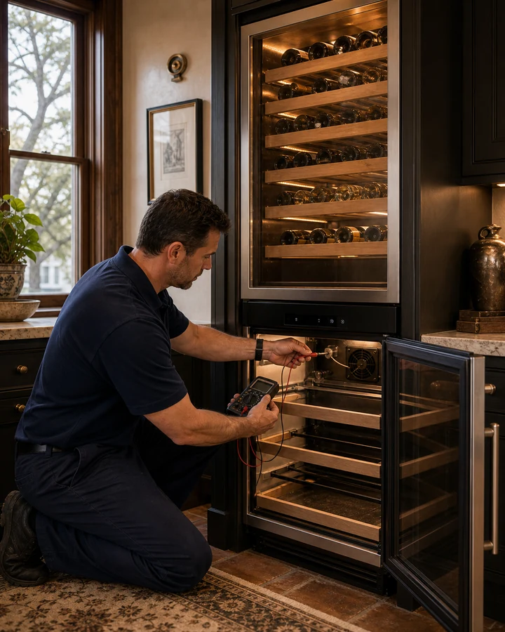 Sub-Zero 427 dual-zone wine cabinet opened for thermistor testing in a San Marco wine room